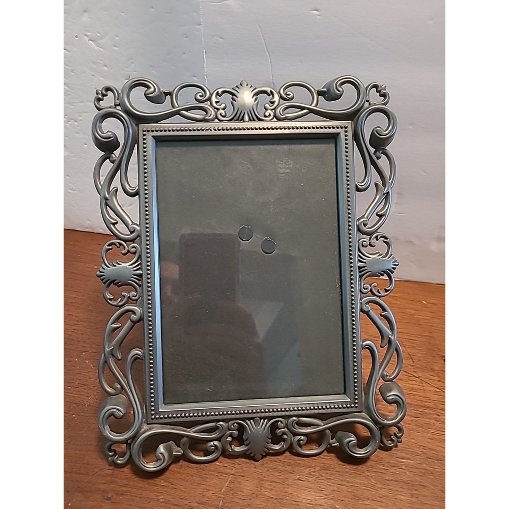 Vintage 5x7 Ornate Filigree Pewter Frame Stands On Own Silver
